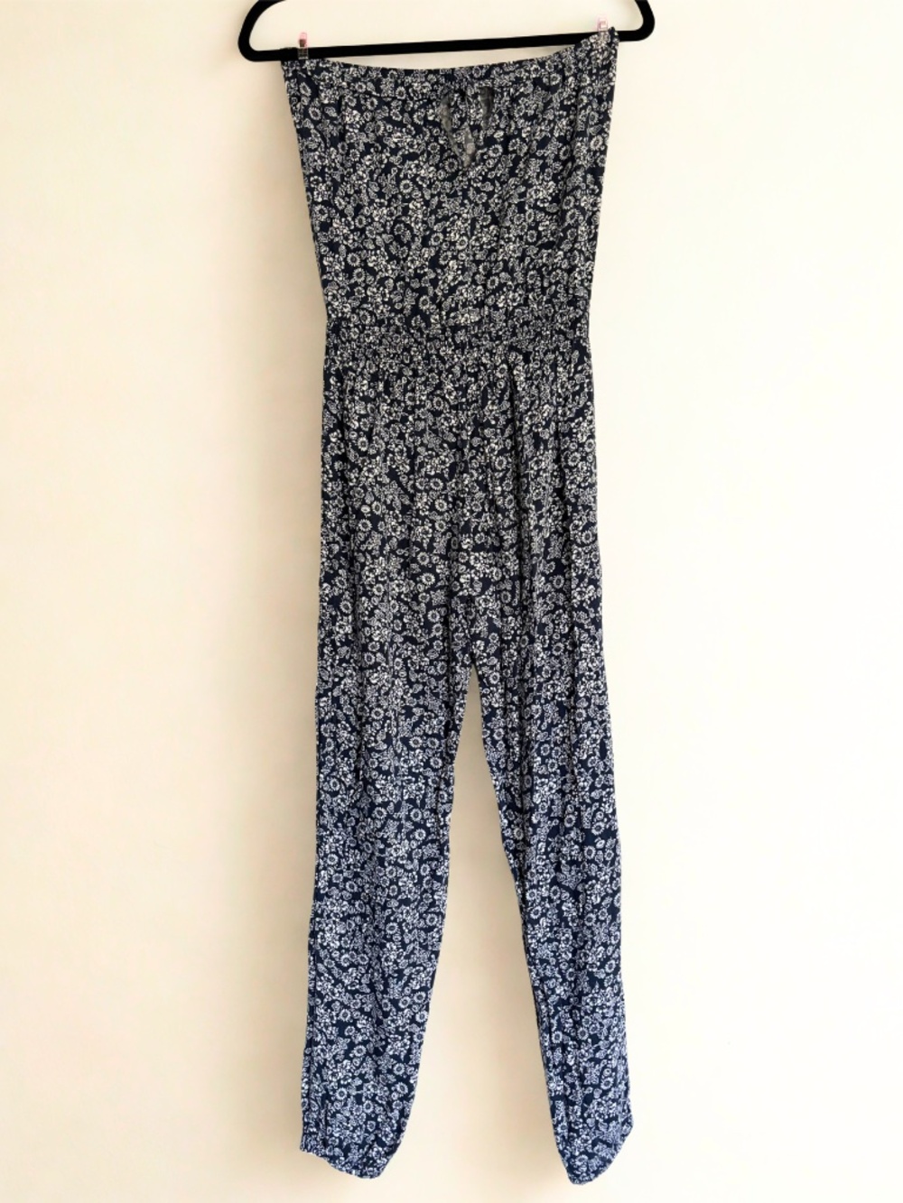 Abercrombie & Fitch Strapless Jumpsuit Navy & White Floral Small Elastic Waist